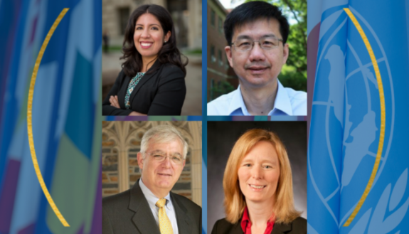 Clockwise from top left: Duke global health experts Andrea Thoumi, Shenglan Tang, Michael Merson and Sarah Bermeo.