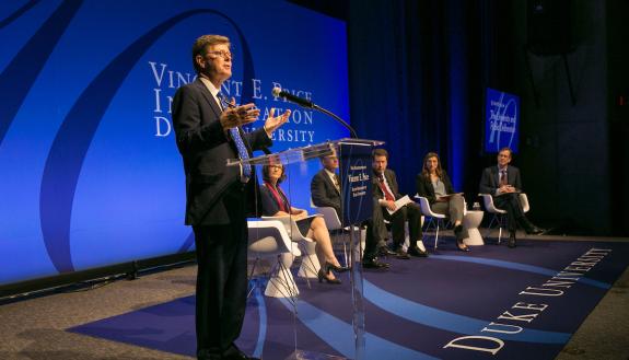 Vince Price comments on faculty presentations on public communication at the faculty symposium Thursday. Photo by Duke Photography