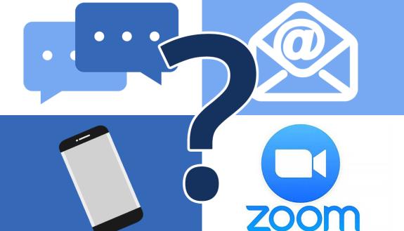 Logos for communications platforms and question marks.