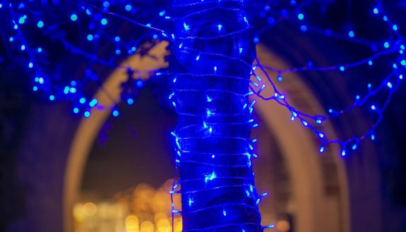 Blue lights decorate the holiday video