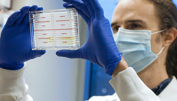 photo of lab worker checking test vials