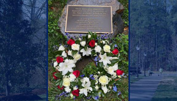 picture of wreath laid at the 911 memorial on Duke's West Campus near Keohane Quad.