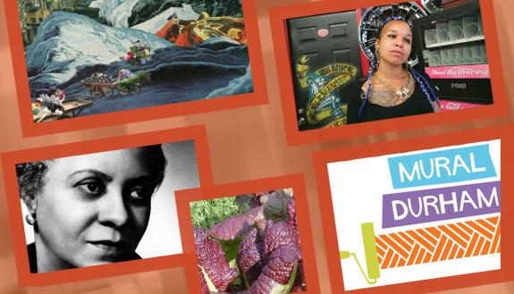 A collage featuring plants, Florence Price, the Mural Durham logo, a lady in a tattoo parlor and a painting.