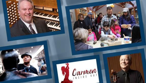 Clockwise from top left: Organist Eric Plutz, a group around a table, cellist Fred Raimi, poster for Carmen Inside Out and artist Titus Kaphar.