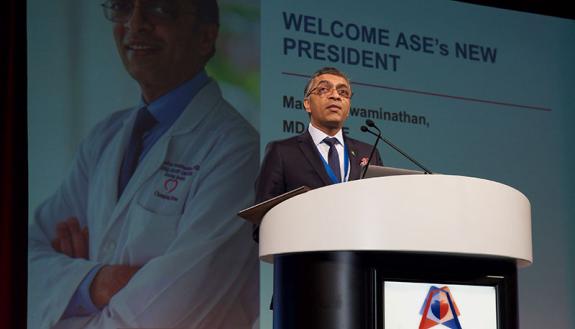 Dr. Swaminathan delivering his ASE presidential address at the 30th Annual Scientific Sessions (photo courtesy of ASE)