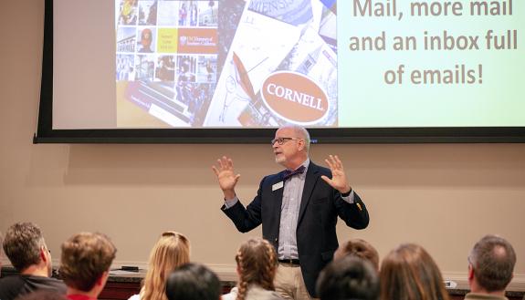 Dean of Undergraduate Admissions Christophe Guttentag speaks with parents at a recent College Admissions 101 Seminar. Photo courtesy of the Office of Undergraduate Admissions.