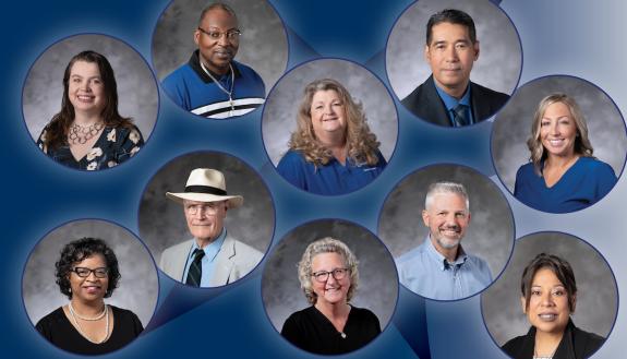 Ten headshots against the blue background.