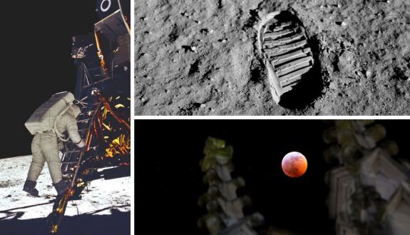 Memorable images of the moon: Buzz Aldrin taking his first step; footprints remain mostly intact on the moon's surface; and a lunar eclipse, as seen from Duke's campus.