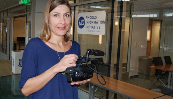 Ariel Dawn holds a video camera that Duke Police engraved with identifying information. Photo By Stephen Schramm.