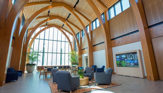 The Pitts Family Atrium provides a stunning welcome to the Karsh Alumni and Visitors Center. Photo courtesy of Duke Alumni Affairs.