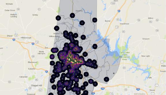 Bike crash heat map for Durham