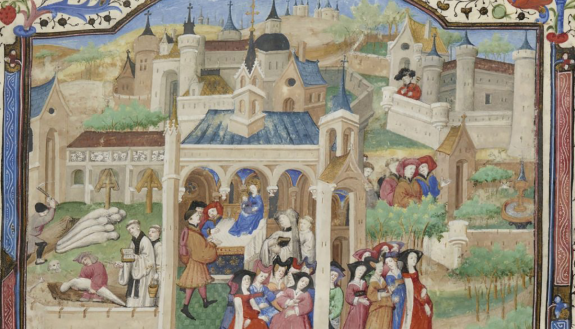 The Black Death in Florence. Decameron. BNF Fr. 239, f. 1r.