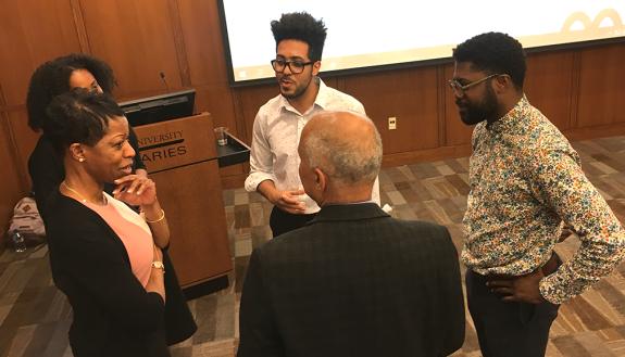 Dean Valerie Ashby (left) and Vice Provost Abbas Benmamoun (back to camera), spoke with Patrice Douglass, Gustavo Silva and Jarvis McInnis at the kick off of Black Think Tank.