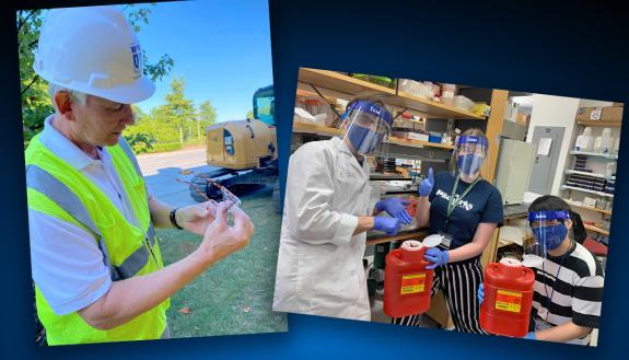 Two pictures of Duke employees being safe.