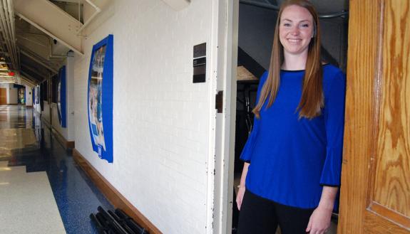 Mikaela Ryan, assistant director of game operations and championships for Duke Athletics, is familiar with the hidden corners of Cameron Indoor Stadium. Photo by Stephen Schramm.