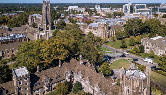 The Duke University and Duke University Hospital campuses from the air. Image courtesy of University Communications.