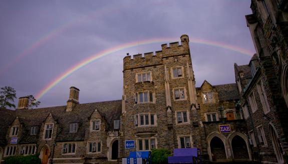 A rainbow over Duke's campus.