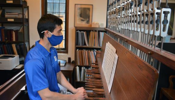 Joseph Fala performs on the Duke University Carillion in April. Photos by Jonathan Black.