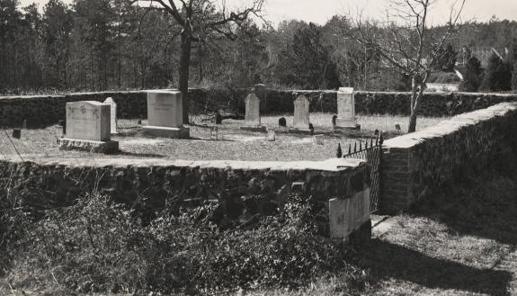 About 17 gravestones dot the quarter acre of land set aside for the Rigsbee Graveyard on Duke’s West Campus. Photo courtesy of Duke University Archives.