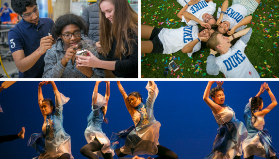 Duke philanthropy is assisting greater access for students to extraordinary educational opportunities. Clockwise: An innovative first-year engineering class, orientation week for the Class of 2023, and a student dance group.