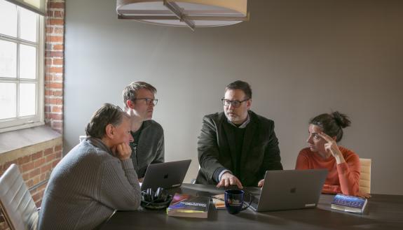 Duke Kunshan University faculty members Kathy Robertson; Bill Parsons, associate professor of political science; Benjamin Bacon, associate professor of media arts; and Kolleen Guy, associate professor of history