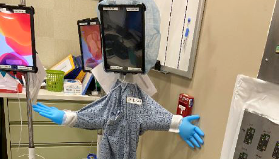 One of Duke Regional Hospital's eight modified iPads, nicknamed "Dr. K. Rona," allows patients and providers to interact without increasing the risk of spreading the coronavirus.