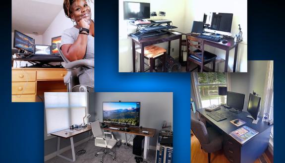 Clockwise from top left: Tapitha Jamison's salvaged desk, Regina Schwartz and her hand-me-down tables, Vera Luck's repainted desk and Donald Tait's custom work surface.