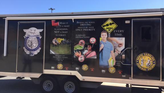 The mobile trailer houses the Distracted Driving Simulator.