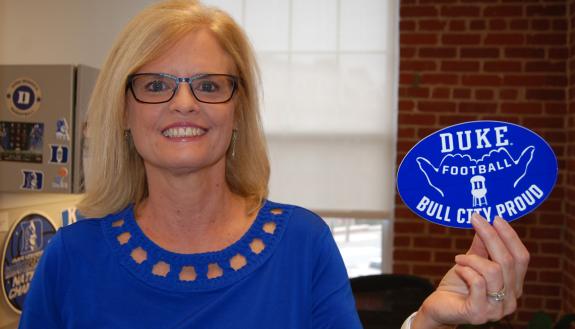 Donna Flamion, the 2019 Honorary Employee Captain for the Duke Football Employee Kickoff, wears her Duke fandom proudly. Photo by Stephen Schramm.