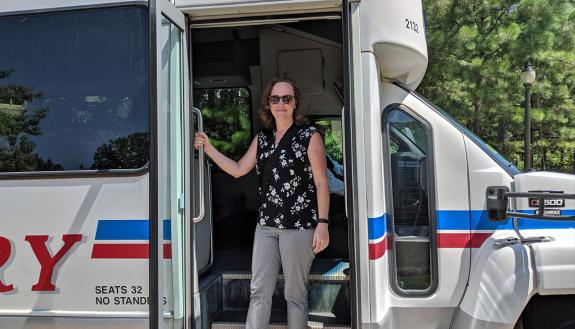 Katie Kilroy rides Duke's downtown shuttle to the Duke Farmers Market. Photo courtesy of Katie Kilroy.