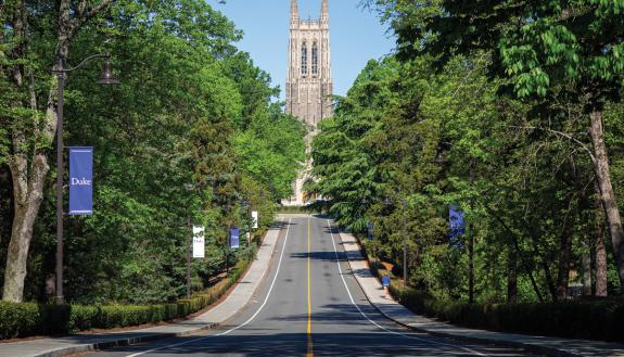 The approach to Duke University Chapel is an example of the graceful landscape architecture laid out by the Olmsted Brothers’ firm. Photo by University Communications.
