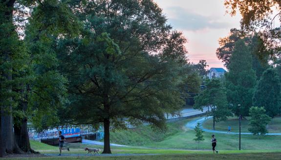 People go on a run on campus in May of 2019. Photo by Jared Lazarus, Duke University Communications.