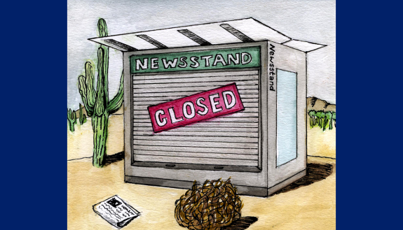 drawing of closed news stand with tumbleweed rolling by