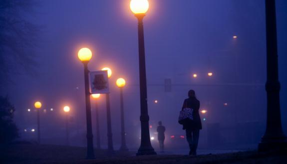 A foggy night scene.