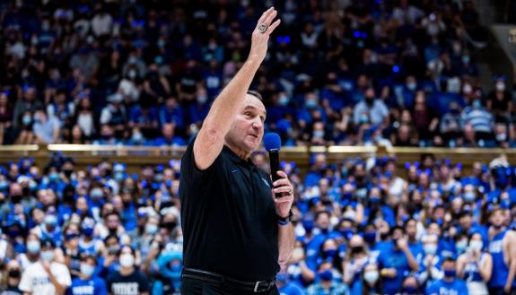 Coach K talking to the fans at Cameron Indoor Stadium