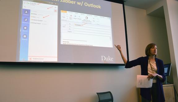 Emily Daly, head of assessment and user experience at Duke University Libraries, shares WebEx and Jabber tips during a "Learn IT @ Lunch" presentation. 