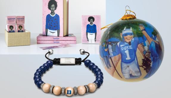 A selection of gifts available from Duke, including books, an hand-painted ornament and a commemorative bracelet.