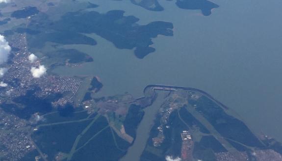 Aerial view of Itaipú Binational Dam, located on the border of Paraguay and Brazil.