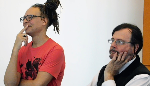 Thomas DeFrantz (left) and Martin Brooke  watch their students perform in the Performance and Technology course .