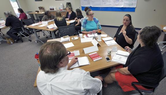 A group takes part in a session of the Crucial Conversations course offered by Duke Learning & Organization Development.