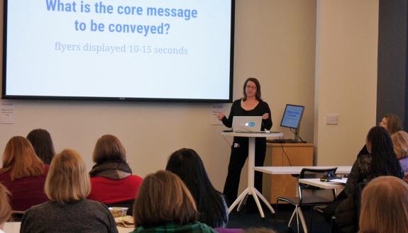 Barbara Puccio, manager of creative and user experience with Duke Web Services, presents during a Learn IT @ Lunch session on WebX.