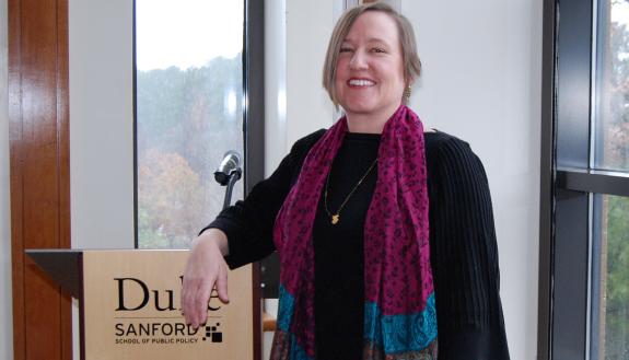 Mary Lindsley, Communications and Events Manager, Sanford School of Public Policy, plays a vital role in helping bring notable speakers to the school. Photo by Stephen Schramm.
