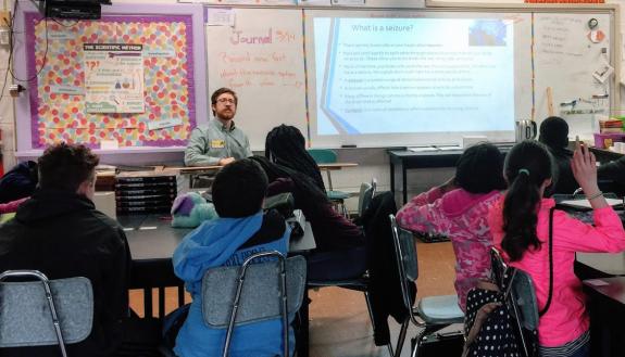 Max Levy answers questions during a visit to Brodgen Middle School.