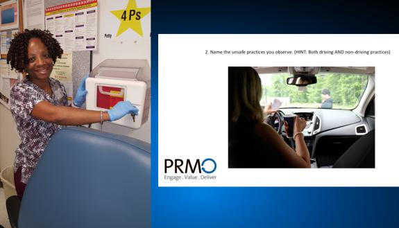 (Left to right) Angie Wilson, nurse manager for Duke Endocrinology, locks a box of sharp objects at Duke University Hospital. A question on the PRMO quiz asks employees to identify the hazards in the photo.