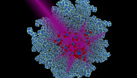 Duke University researchers have engineered rhodium nanoparticles (blue) that can harness the energy in ultraviolet light and use it to catalyze the conversion of carbon dioxide to methane, a key building block for many types of fuels. Credit: Chad Scales