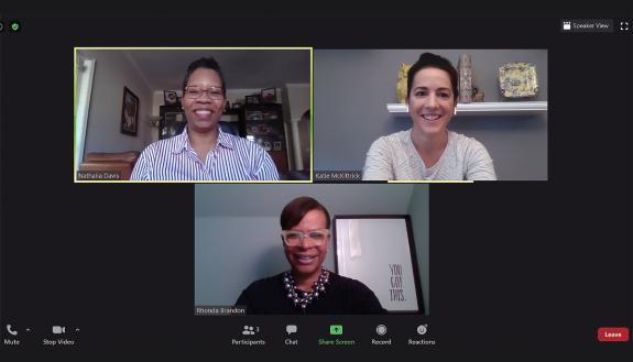 Clockwise from top left: Colleagues Nathalia Davis, Katie McKittrick and Rhonda Brandon meet on Zoom.  Photo courtesy of Katie McKittrick.
