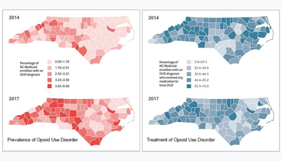 North Carolina county map showing percentages of Medicaid recipients with a diagnosis of opioid addiction and those receiving treatment. (Duke-Margolis Center for Health Policy)