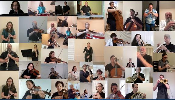 Durham Medical Orchestra Conductor Verena Mösenbichler-Bryant, center, created a video montage that shows every musician performing remotely. Photo courtesy of the Durham Medical Orchestra.