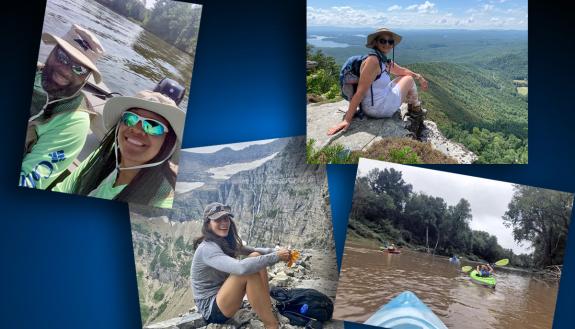 Collage of hiking, fishing and kayaking.