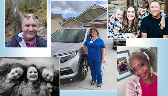 Clockwise from top left: John Owens, Lori Levy, EmilyJames and her family, Emily Jackson and Kate Davies and her family have all found ways to save money during the pandemic. Submitted photos.